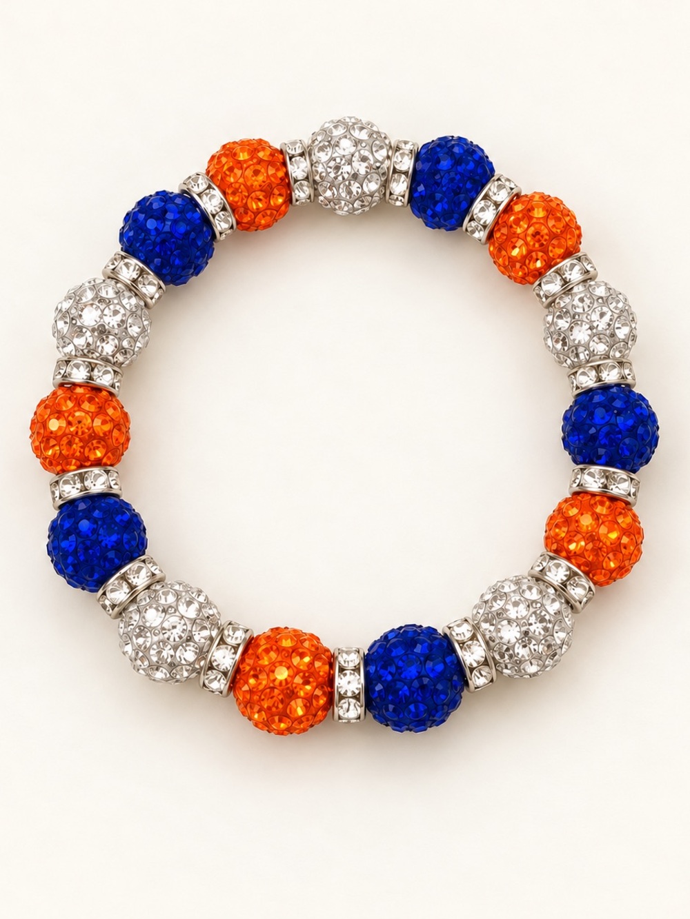 Hand made Crystal Bead Stretch Bracelet - Blue, Orange & White Game Day ready